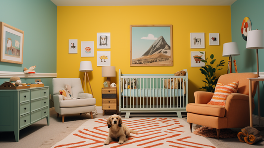 A cozy, sunny nursery featuring a cheerful yellow wall, a crib, and a playful gallery of animal art with a friendly dog sitting on a patterned rug, creating a warm and inviting space for both baby and pet
