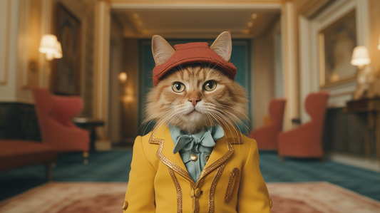 A charming cat dressed in a yellow jacket and red hat, looking poised and regal in a luxurious room |Hairy Humans Custom Pet Portrait