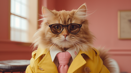 a fluffy cat with a scholarly look, wearing round glasses and a yellow coat with a pink knitted tie, in a soft-hued room, resembling a studious human personality | Hairy Humans Custom Pet Portraits