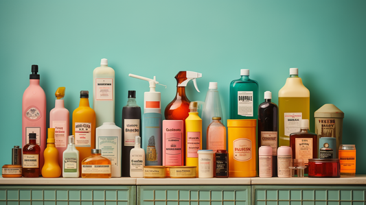An array of colorful vintage-inspired cleaning product bottles and containers neatly arranged on a shelf against a pastel turquoise wall, presenting a retro aesthetic | Hairy Humans
