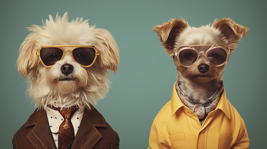 A pair of dapper dogs wearing sunglasses and stylish outfits against a teal backdrop| Hairy Humans
