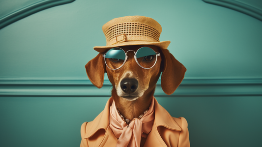 A fashion-forward dog wearing a straw hat and round sunglasses with a peach scarf, exuding a chic and adventurous vibe against a teal wall background | Hairy Humans