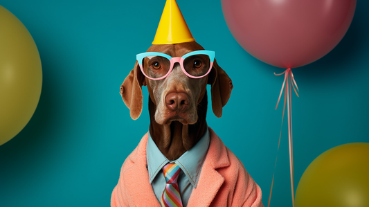 An adorable dog wearing festive party attire, complete with a party hat and colorful accessories, enthusiastically celebrating at a party