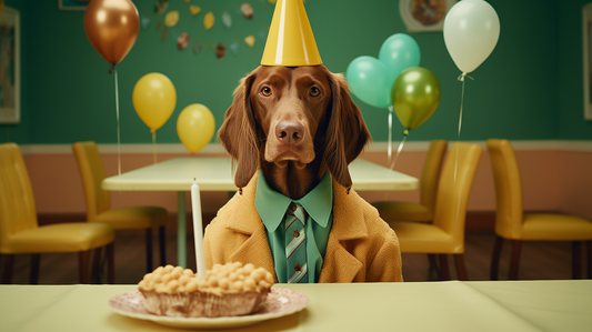 A brown dog with a hairy human-like presence at a birthday party, wearing a party hat and a yellow coat, seated at a table with a candle-lit pie, surrounded by colorful balloons