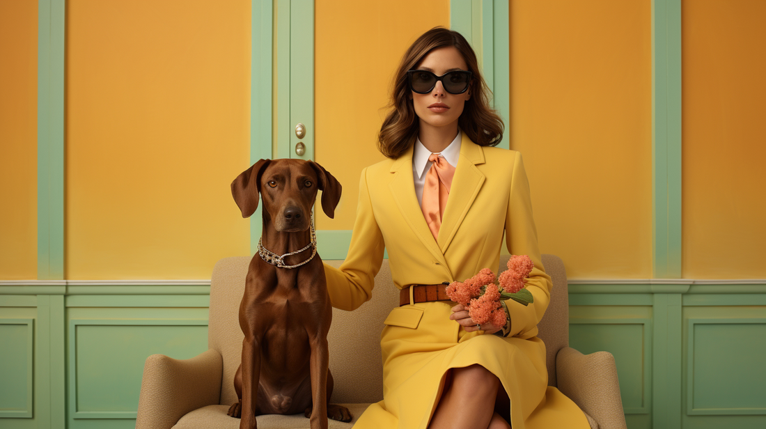 A stylish 'dog mom' seated next to a poised brown dog, both exuding elegance in matching yellow outfits, perfect as a gift for dog lovers looking for chic and coordinated pet-owner portraits