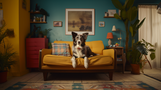 A relaxed Border Collie perched on a mustard-yellow sofa in a vibrant living room with eclectic decor, exemplifying a pet-centered stylish abode