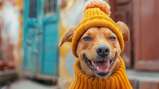 Fashion-forward custom pet portrait featuring a brown dog in a vibrant yellow sweater and matching beanie, possibly reflecting the pet's cheerful and sociable personality